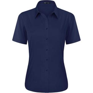 imageJVER Womens Button Down Shirts Stretch Wrinkle Free Formal Short Sleeve Dress Shirt Summer Work Blouses Business Casual TopsNavy Blue