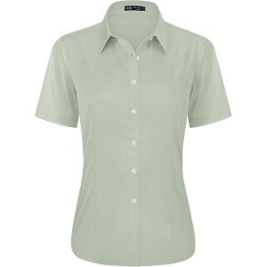 imageJVER Womens Button Down Shirts Stretch Wrinkle Free Formal Short Sleeve Dress Shirt Summer Work Blouses Business Casual TopsSage Green