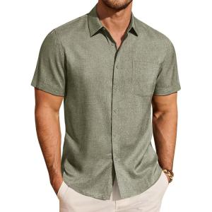 imageJVER Mens Button Down Short Sleeve Shirts Summer Beach Vacation Untucked Casual Tops Wrinkle Resistant Linen ShirtArmy Green