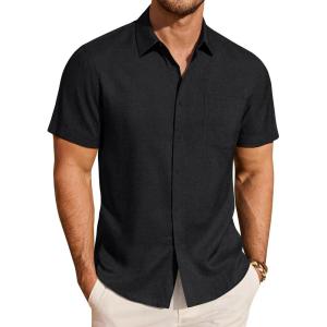 imageJVER Mens Button Down Short Sleeve Shirts Summer Beach Vacation Untucked Casual Tops Wrinkle Resistant Linen ShirtBlack