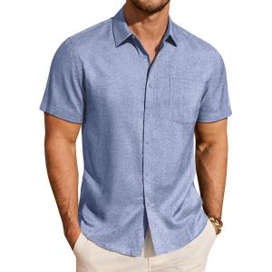 imageJVER Mens Button Down Short Sleeve Shirts Summer Beach Vacation Untucked Casual Tops Wrinkle Resistant Linen ShirtBlue