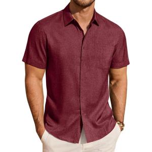 imageJVER Mens Button Down Short Sleeve Shirts Summer Beach Vacation Untucked Casual Tops Wrinkle Resistant Linen ShirtBurgundy