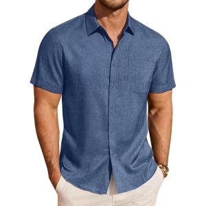 imageJVER Mens Button Down Short Sleeve Shirts Summer Beach Vacation Untucked Casual Tops Wrinkle Resistant Linen ShirtDark Blue