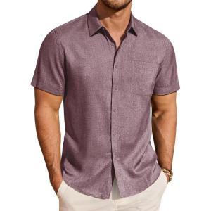 imageJVER Mens Button Down Short Sleeve Shirts Summer Beach Vacation Untucked Casual Tops Wrinkle Resistant Linen ShirtDark Red