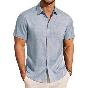 imageJVER Mens Button Down Short Sleeve Shirts Summer Beach Vacation Untucked Casual Tops Wrinkle Resistant Linen ShirtDusty Blue