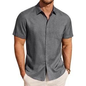 imageJVER Mens Button Down Short Sleeve Shirts Summer Beach Vacation Untucked Casual Tops Wrinkle Resistant Linen ShirtGrey