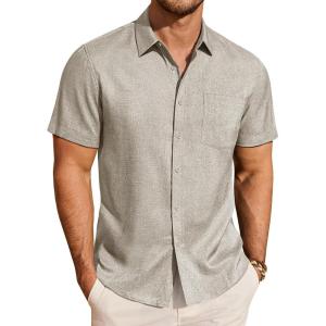 imageJVER Mens Button Down Short Sleeve Shirts Summer Beach Vacation Untucked Casual Tops Wrinkle Resistant Linen ShirtKhaki