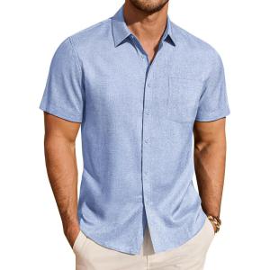 imageJVER Mens Button Down Short Sleeve Shirts Summer Beach Vacation Untucked Casual Tops Wrinkle Resistant Linen ShirtLight Blue