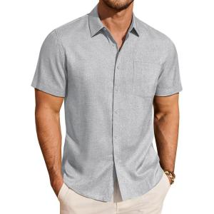 imageJVER Mens Button Down Short Sleeve Shirts Summer Beach Vacation Untucked Casual Tops Wrinkle Resistant Linen ShirtLight Grey