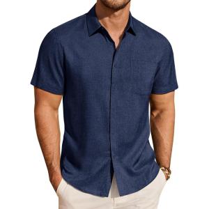 imageJVER Mens Button Down Short Sleeve Shirts Summer Beach Vacation Untucked Casual Tops Wrinkle Resistant Linen ShirtNavy Blue