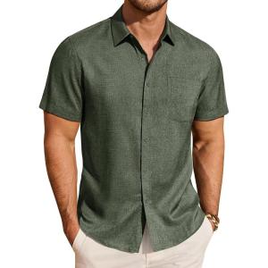 imageJVER Mens Button Down Short Sleeve Shirts Summer Beach Vacation Untucked Casual Tops Wrinkle Resistant Linen ShirtOlive Green