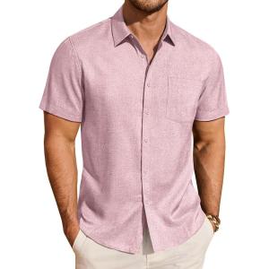 imageJVER Mens Button Down Short Sleeve Shirts Summer Beach Vacation Untucked Casual Tops Wrinkle Resistant Linen ShirtPink